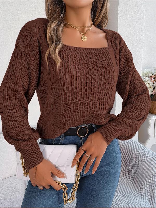Women's Plain Textured Square Neck Drop Shoulder Sweater, Fashion Casual Long Sleeve Jumper for Daily Outdoor Wear, Women's Knit Top for Spring & Fall 1