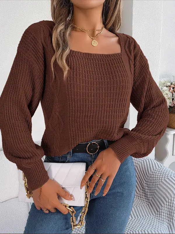 Women's Plain Textured Square Neck Drop Shoulder Sweater, Fashion Casual Long Sleeve Jumper for Daily Outdoor Wear, Women's Knit Top for Spring & Fall 1