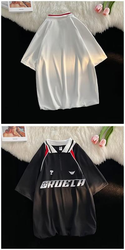 Product Introduction of American Couple Short-Sleeved Polo Shirt Summer Trendy Color Matching Printing Lapel T-shirt Loose High Street Men's Half-Sleeve T-shirt 3