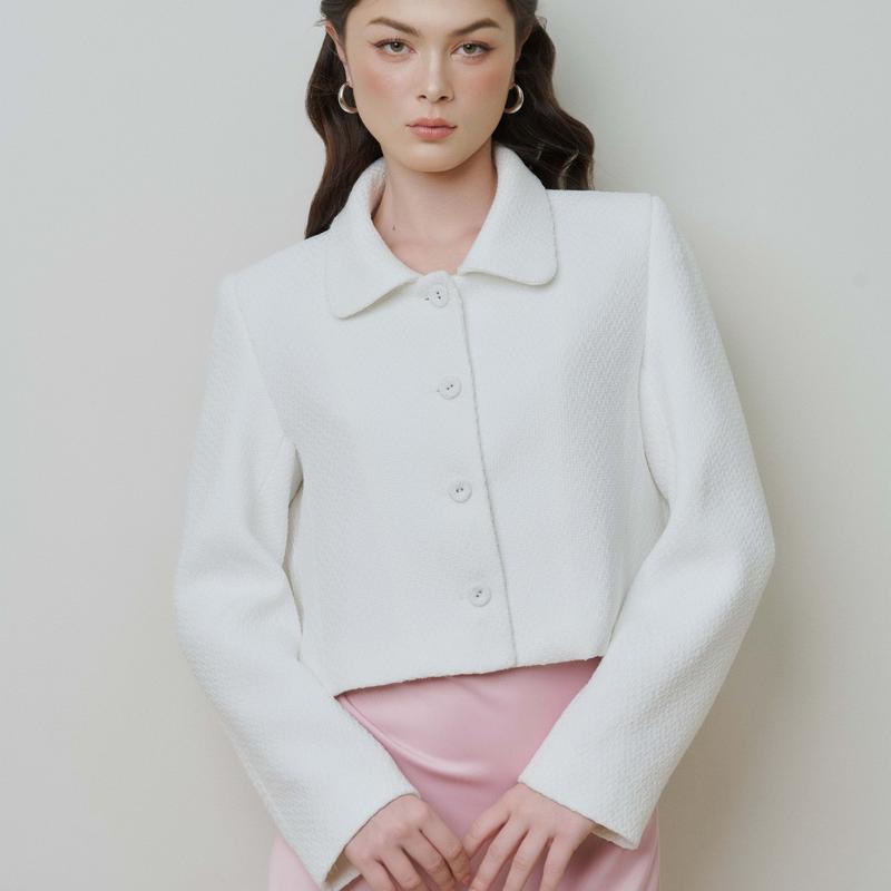 DOTTIE - Áo blazer vải tweed dáng lửng - Trắng - T1045 Women Top Cổ Tròn Nữ