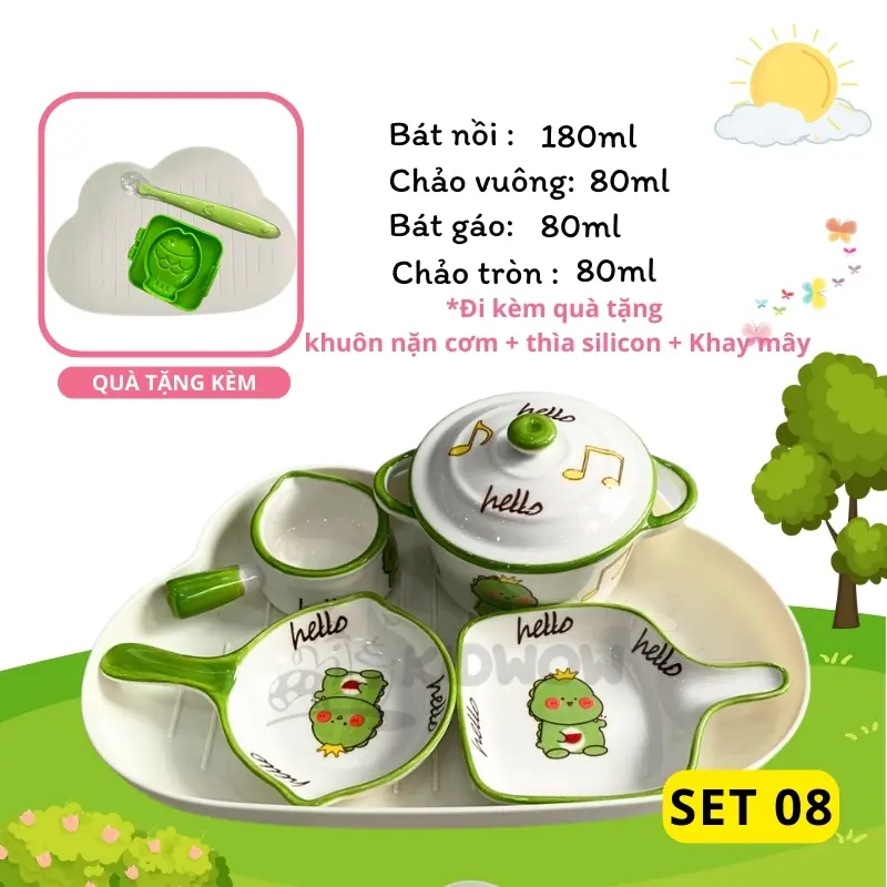 [TẶNG THÌA SILICON+ KHUÔN CƠM+ KHAY MÂY] Bộ Bát Sứ Ăn Dặm Cho Bé Siêu Đáng Yêu 2