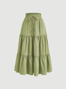 Falda de mujer talla grande lisa con lazo frontal y bajo con volantes, falda línea A casual con cintura elástica y ribete fruncido para uso diario, prendas inferiores para todas las estaciones
