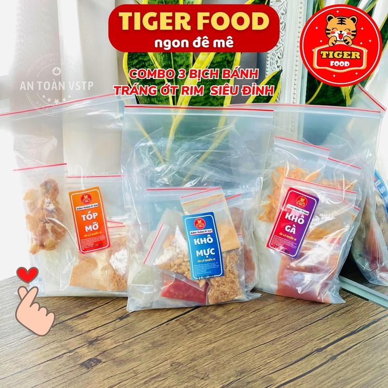 COMBO 3 set bánh tráng trộn ớt rim TIGER FOOD Bánh tráng phơi sương rìa trộn ớt rim full tóp mỡ - da heo - khô gà - khô mực Ăn Vặt Snack Thức Ăn Chua banh trang tron