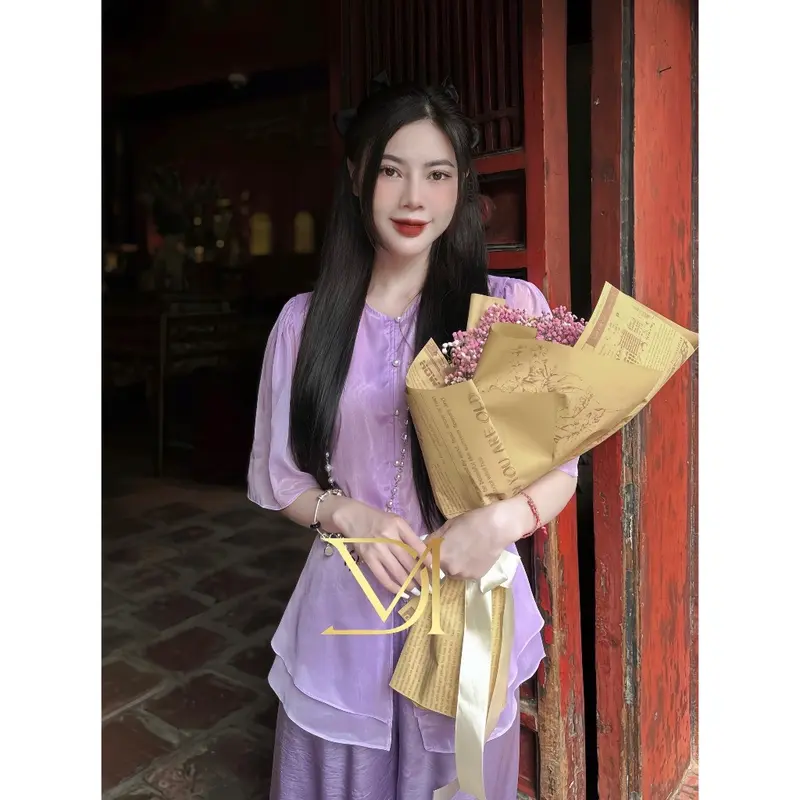 Nguyên Bộ Đồ Lam Đi Chùa -Mẫu Voan 2 lớp tay ngắn 1 Nữ Women Top-V1 1