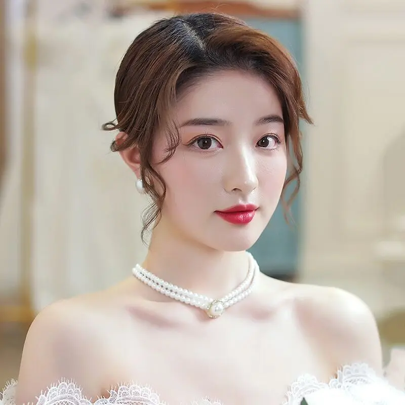 Bộ Bông Tai Vòng Cổ Ngọc Trai, Hai Lớp, Phụ Kiện Váy Cưới Cô Dâu, Bộ Bông Tai Cô Dâu 2