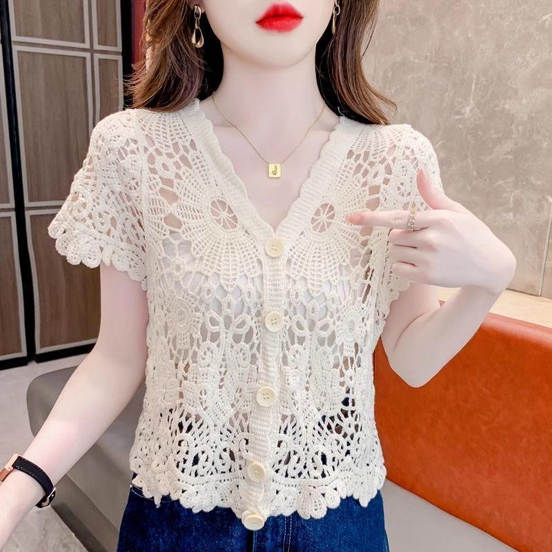 Áo Thun Ngắn Tay Dệt Kim, Trang Phục Mùa Hè, Thiết Kế khoét Dành Cho Nữ, Hàng Mới Về 2024, Làm Bằng Lụa Lạnh Áo Len, Phong Cách Phương Tây, Thiết Kế Độc Đáo Sang Trọng Áo Ngắn 4