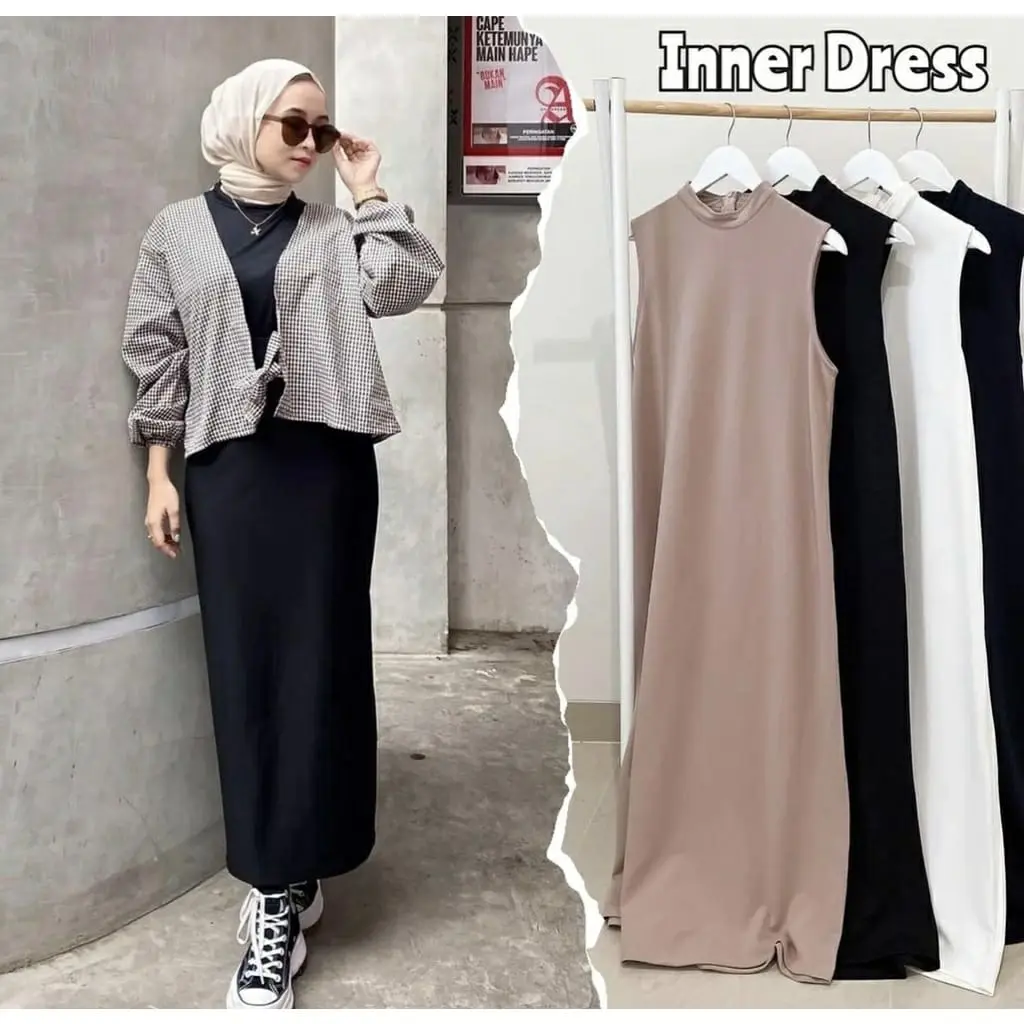 basic inner dress knit  tanpa lengan baju barbie crystal dress outfit gamis wanita muslim simpel casual outer cewek inner dress panjang Simple Hitam Mewah Syari Remaja Maxi Dewasa Remaja Crinkle Kondangan
