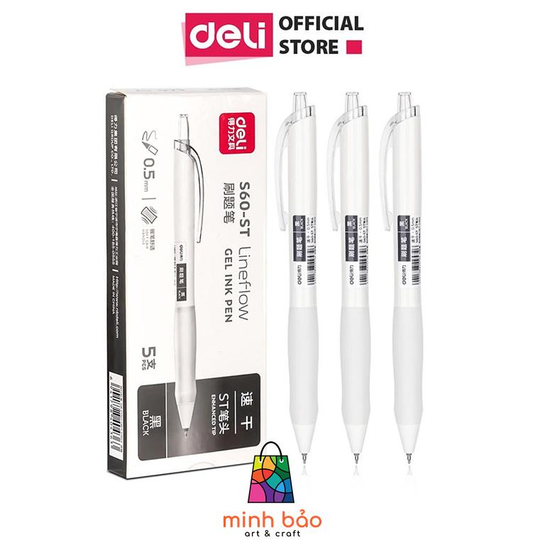 HỘP 5 BÚT GEL MỰC ĐEN DELI S60, NGÒI 0.5MM THIẾT KẾ TRONG SUỐT. NGÒI MỰC THAY THẾ ĐEN/XANH/ĐỎ