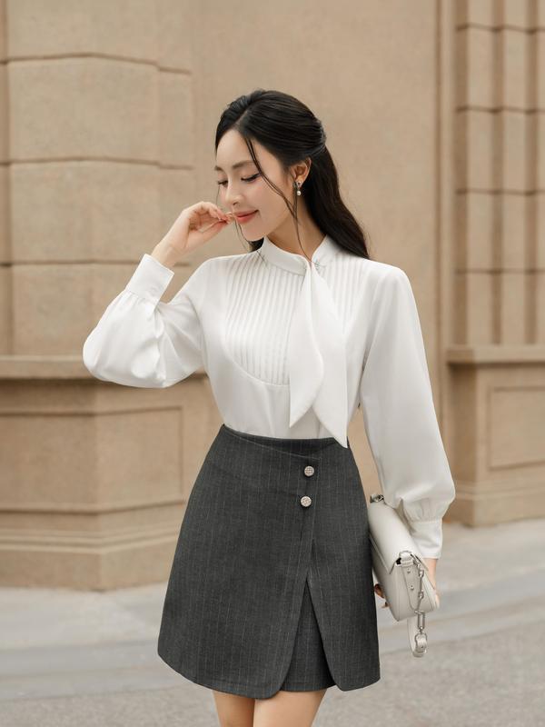 Áo sơmi trắng nữ tà cổ cách điệu đính đá trang trí Madelin BEAUTE BY V CLOTHING tay bồng tiểu thư