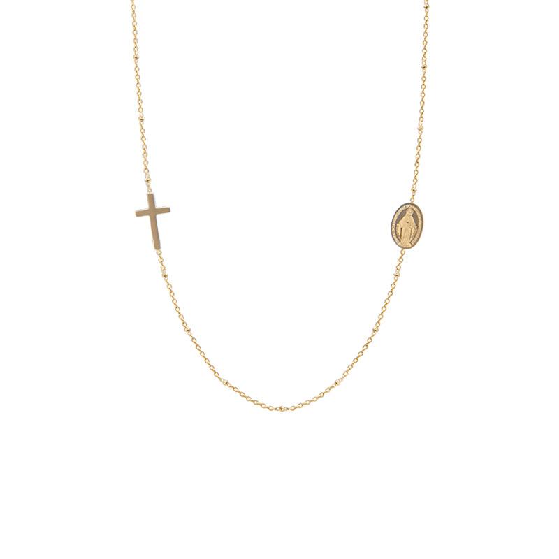 Product Introduction of European and American Fashion Coin Ins Style Cross Oval Pendant Clavicle Chain Necklace Titanium Steel 18K Gold Plating Ornament 4