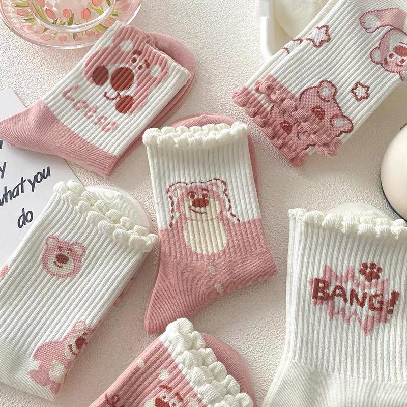  Set 10 Đôi Tất Nữ Cao Cổ Họa Tiết Gấu Dâu Tây Màu Hồng Dễ viền bèo 