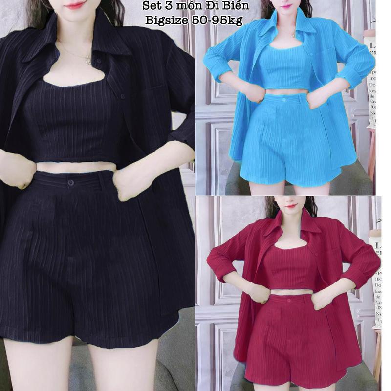 Set Bộ Quần Áo Nữ Đùi 3 Món Đi Biển Hot Hit Đi Chơi Diện Hè Có Bigsize Lụa Đũi Sọc Đôi Cao Cấp Xinh Xắn Giá Rẻ 50-100kg Women Hồng Kem - 2267