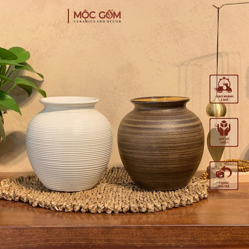 Bình gốm Bát Tràng dáng vò tròn quốc dân men trắng lì vân ganh cắm hoa trang trí phòng khách đẹp Mộc Gốm MG165 1