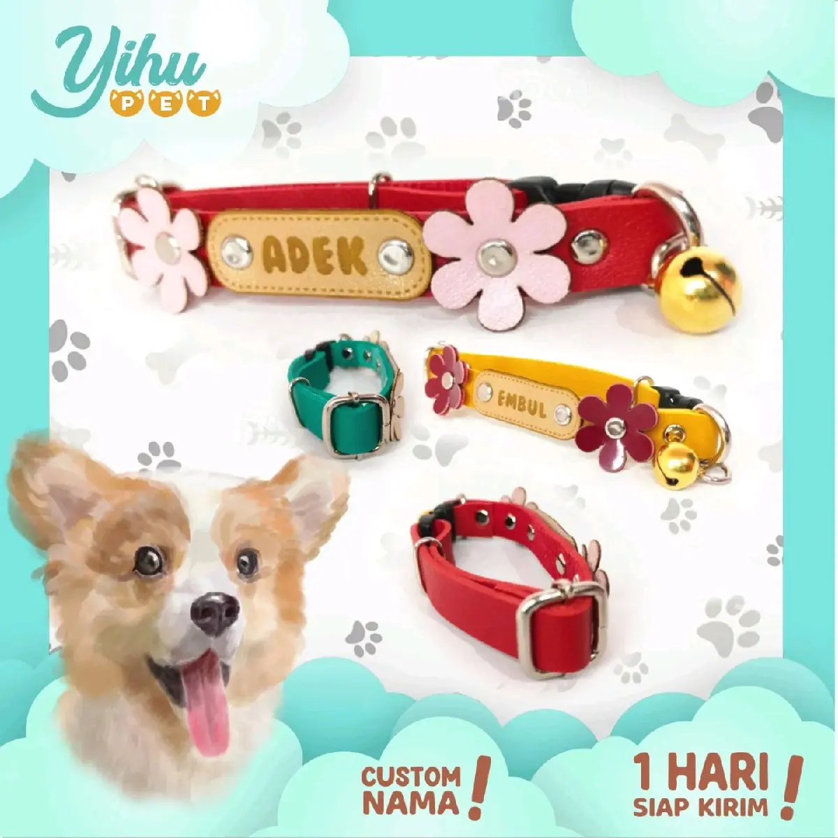 CUSTOM NAMA (Double Flower) Kalung Anjing Kucing Dog tag Cat Collar