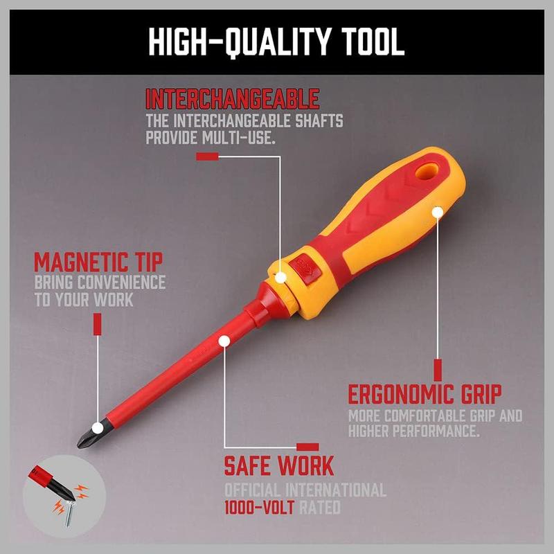 Product Introduction of Insulated Screwdriver Set, 1 Set Electrician Repair Tools Kit, Changeable Insulated Screwdrivers Set with Magnetic Slotted Bits, Professional Hand Tool, Hardware, Heavy Duty 4