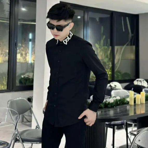 Áo sơ mi nam boy phố tay dài phối chữ thêu vải lụa hàn đẹp 0
