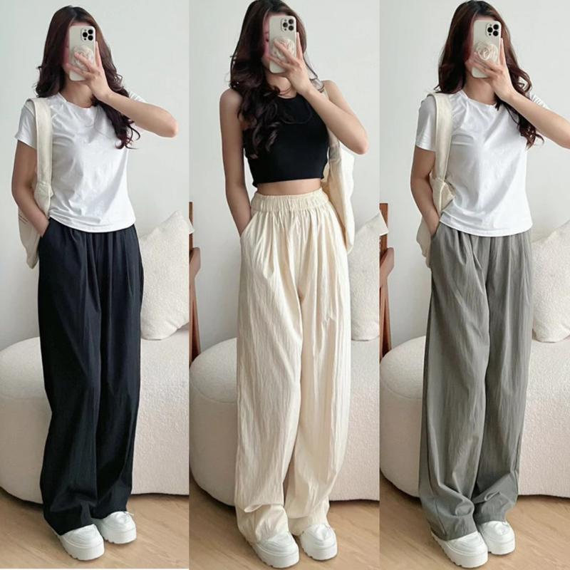 Quần Tây Ống Rộng Nữ Lưng Cao Cạp Thun Chun Dáng Xuông Dài Thể Thao Vải Đũi Hàn Màu Đen Ghi Kem Hồng Quần Ống Suông Nữ Đi Học Làm Công Sở Ong Women quandui ong cuc rong ton dang