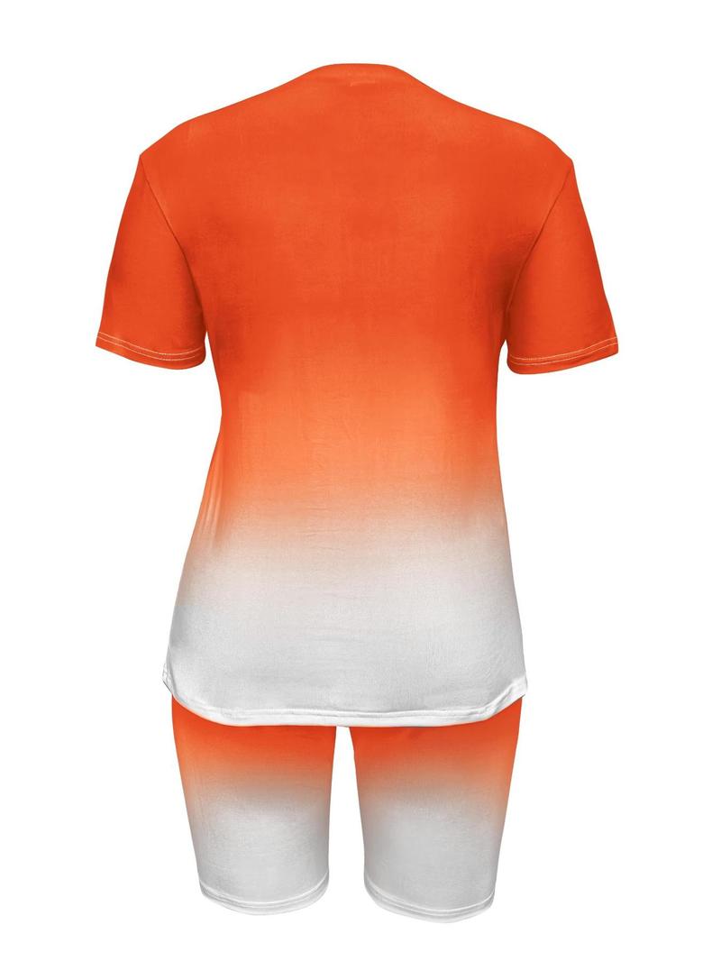 Product Introduction of 【Plus Size】 Ombre Print Tee & Shorts Two-piece Set, Casual Round Neck Short Sleeve T-shirt & Shorts, Women's Two-piece for Spring & Fall, Womenswear 2