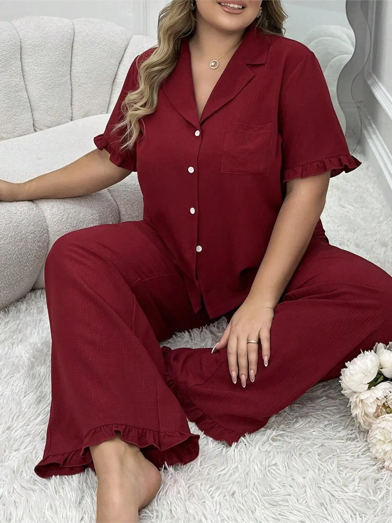 【Plus Size】 Two-Piece Set Solid Lapel Neck Button Front Shirt & Pants Pyjama, Elegant Comfy Ruffle Trim Short Sleeve Top & Trousers PJ Set, Women's Sleepwear for Spring & Fall