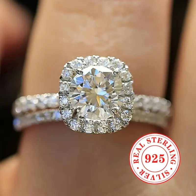 2pcs Women's Ring Set 4.9g S925 Pure Silvery Inlaid Zirconium Ring for Engagement and Wedding Jewelry Accessories 5