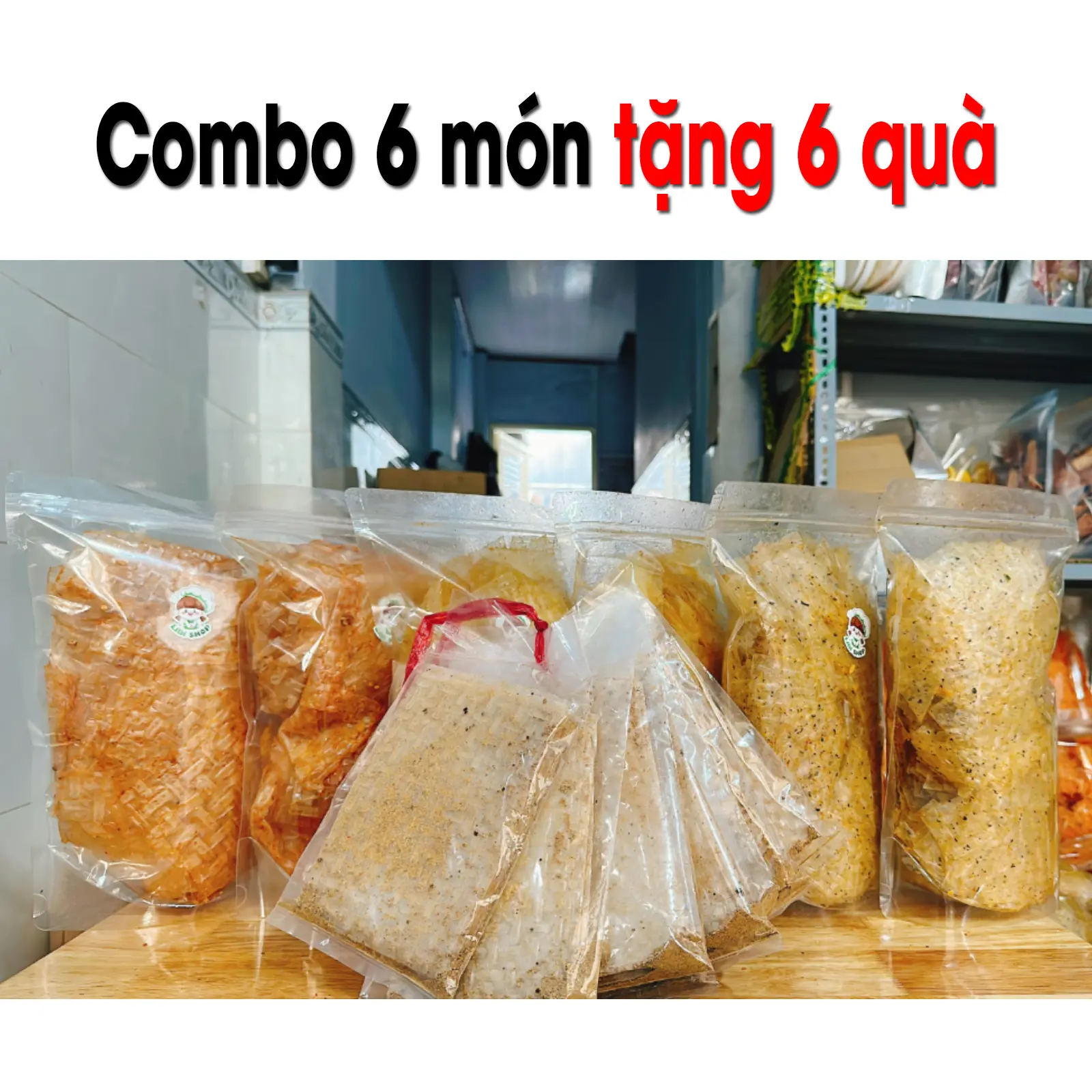 Combo 6món kèm 6gói btrang 60k: 2XìKe, 2Tỏi, 2Rong Biển( 6 túi = 1kg8) Ăn Vặt * quà tặng ngẫu nhiên* Snack Thức Ăn Food bánh  tráng rong  bien