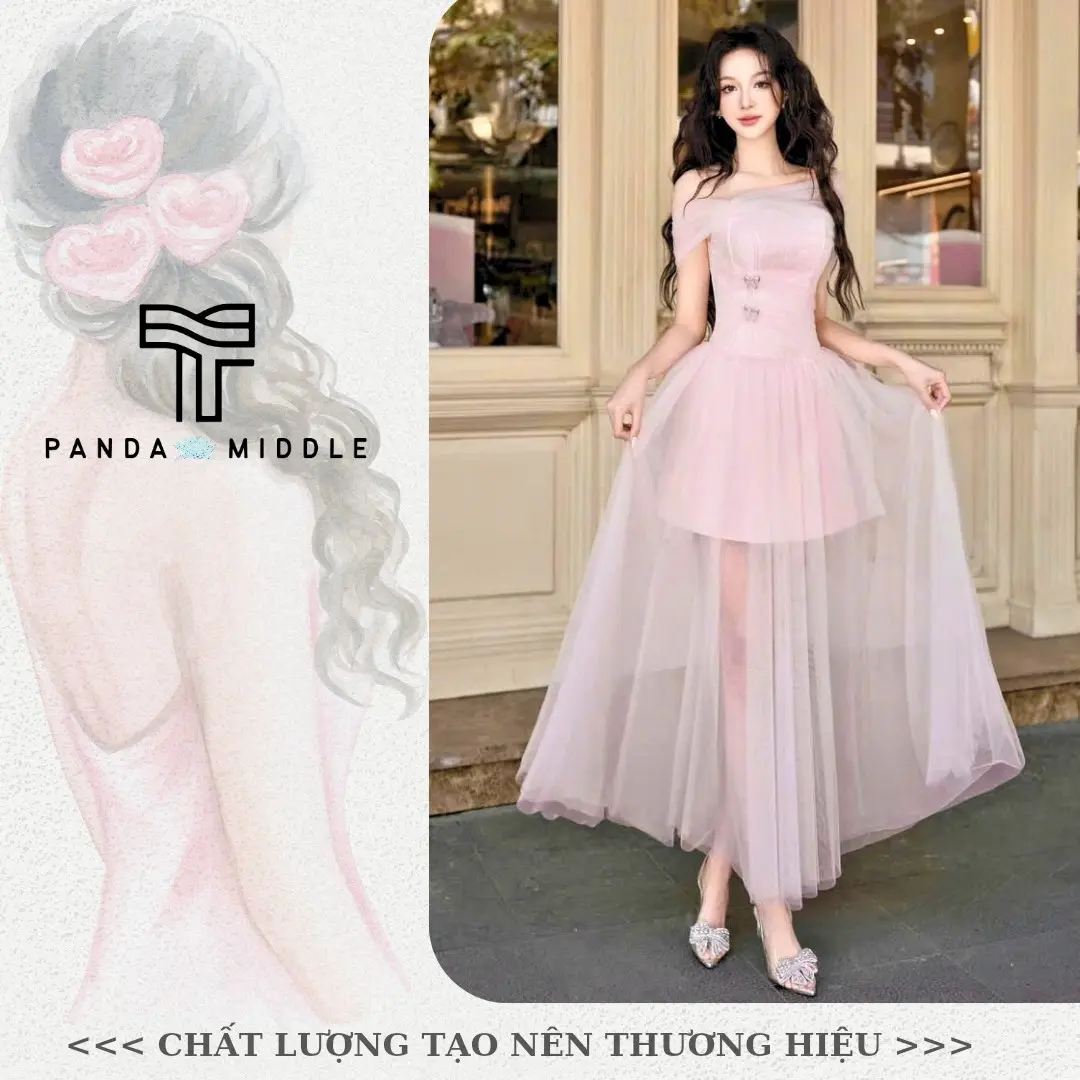 LL19 - Váy đi tiệc lệch vai màu hồng pastel (kèm phụ kiện) phối lưới dáng dài (bản khóa kéo) Dress Women Nữ