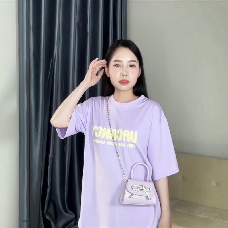 Áo thun cotton tím kết hợp chữ dập nổi free size 0