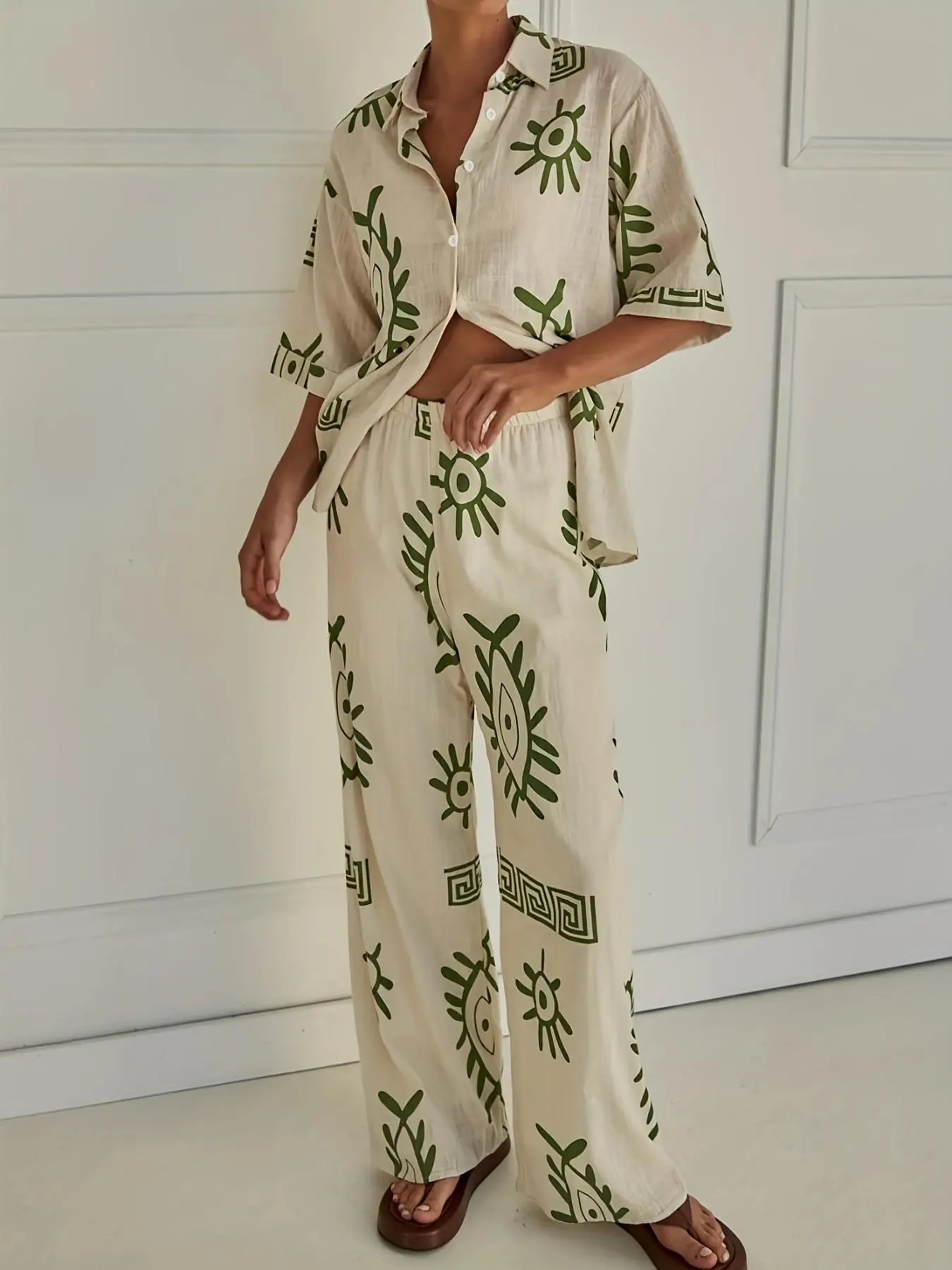 Women's Tribal Print Two-Piece Set, Casual Button Front Drop Shoulder Shirt & Elastic Waist Wide Leg Pants, Women's Outfits for Daily Wear