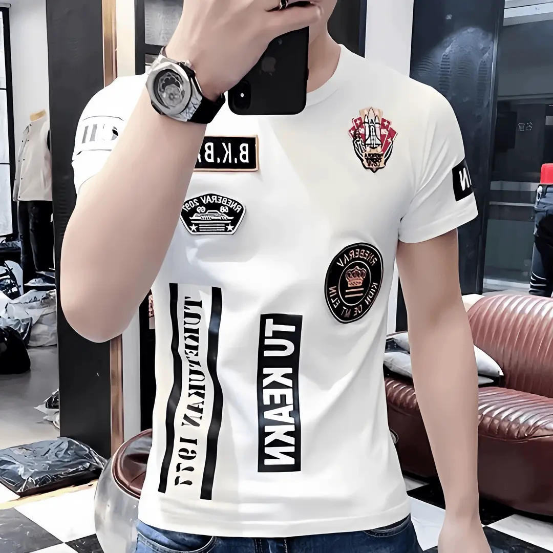Áo Thun Nam Tay Ngắn Ôm Sát, Thương Hiệu Thời Trang In Hình, Chất Liệu Cotton, Cổ Thuyền Hợp Xu hướng Thời Trang, Hàng Châu Âu Mùa Hè 2024, Áo Trên