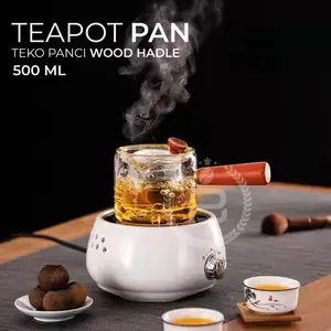 TEAPOT KUNGFU TEKO 500ml KACA borosilikat dengan saringan pegangan kayu old fashion vintage aesthetic
