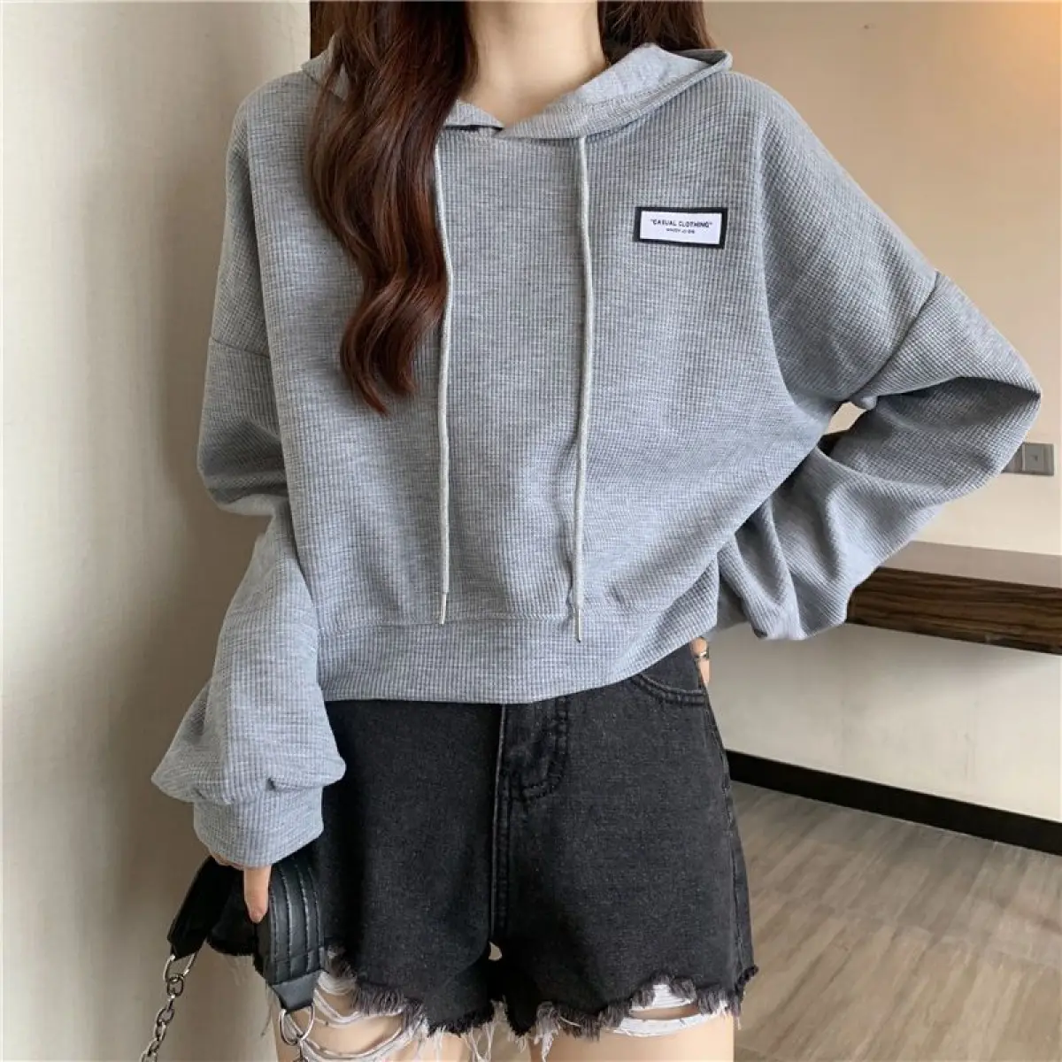 Len Ngắn Có Mũ Trùm Đầu, Dày Lót Cừu, Dành Cho Nữ, Hàng Mới Về Mùa Thu Và Mùa Đông, Thiết Kế Đẹp, Dáng Rộng Độc Đáo Khoác Hàng Đầu