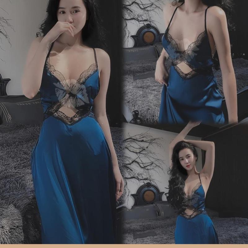Đầm ngủ 2 dây dáng dài phối ren, hở lưng, hở eo chất vải lụa latin freesize 4O - 58kg Váy Ngủ Dress Váy Nữ Đen áo liền quần trắng + áo ngoài draped