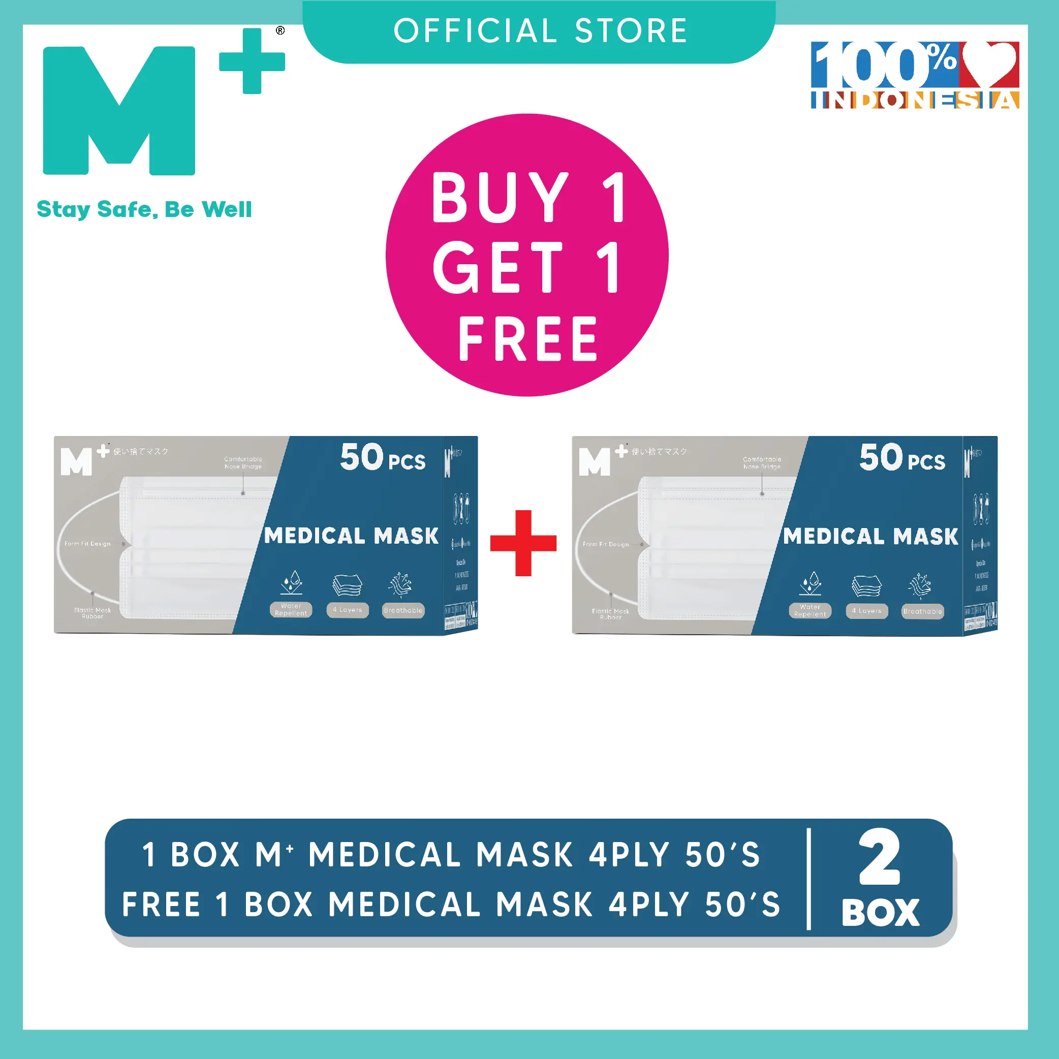 Paket 2 Box M+ Surgical Mask Earloop 4 Ply - Masker Medis Isi 50 Pcs Kuat