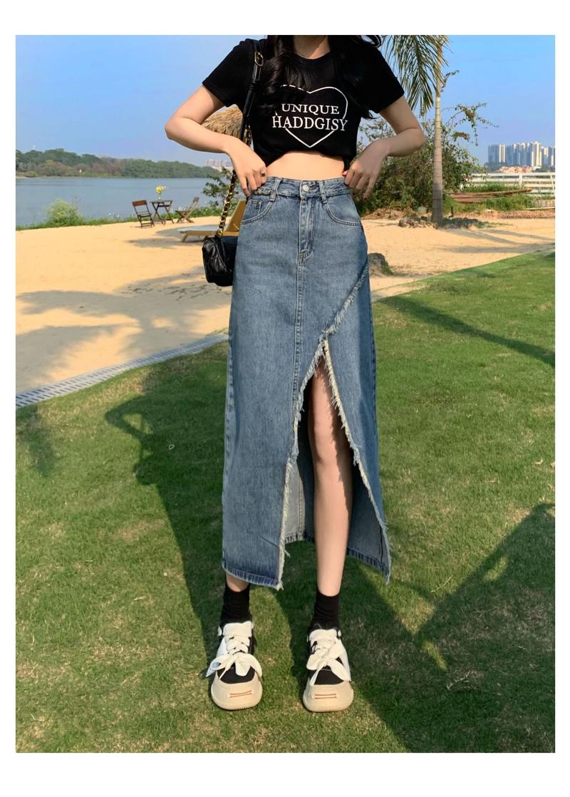 Product Introduction of Tassel denim mid-length spring and autumn 2023 new style raw edge high waist slimming fashionable all-match trendy long skirt 15