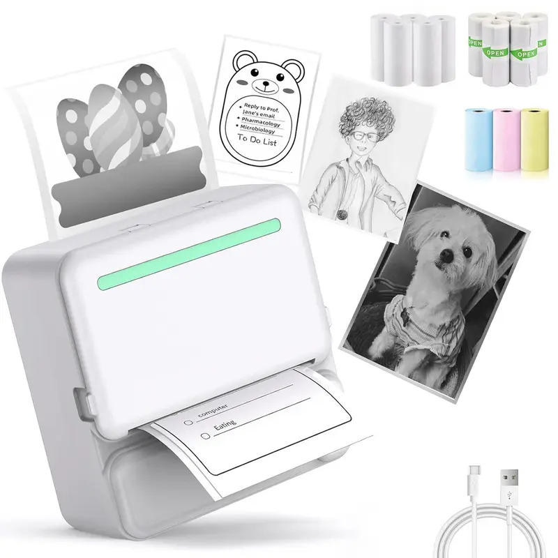 Portable Wireless Printer, 1 Set USB Rechargeable Printer with 5 Rolls Thermal Paper & 5 Rolls Adhesive Paper & 3 Rolls Colorful Paper & 1 Charging Cable, Office Accessories 0