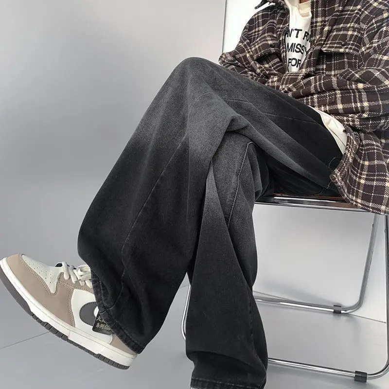 Black Gradient Thick Jeans Men's Autumn American High Street Ins Ruoshuai Straight Loose Wide Leg Leisure Pants