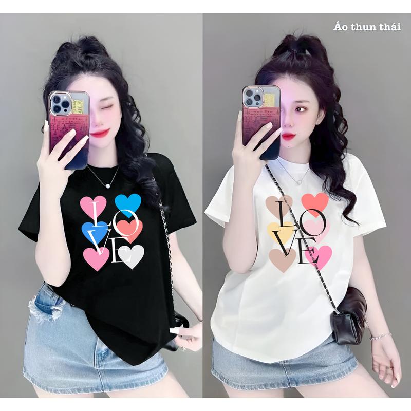  Áo Thun Thái Nữ Cotton Mã A42 Love Tim Form Vừa 40~60kg Rộng 50-72kg 