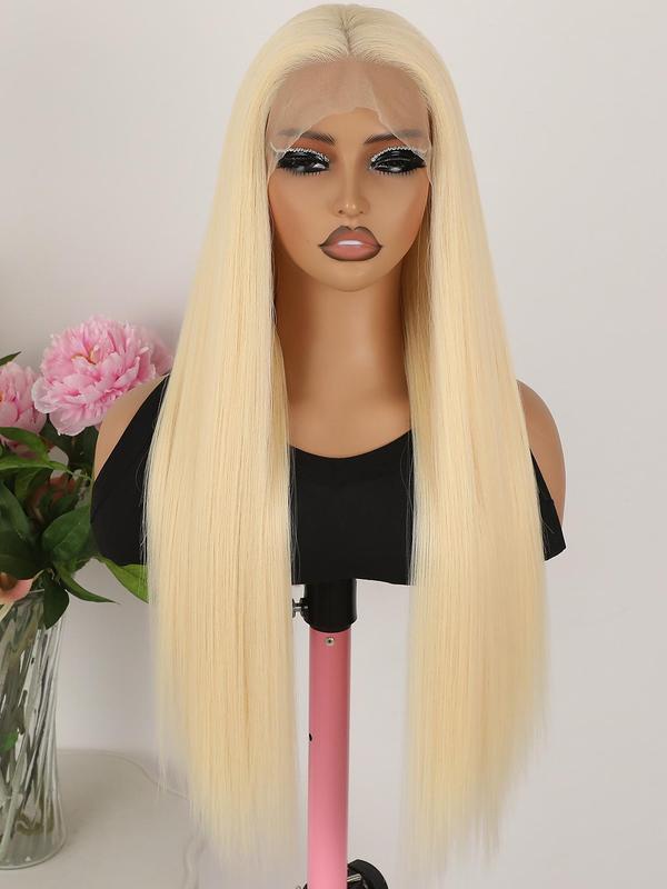 28 Inch Long Blonde Straight Wigs for Women, Gorgeous Fluffy Wigs without Bangs, Synthetic Lace Front Wigs for Party, Daily Use 5