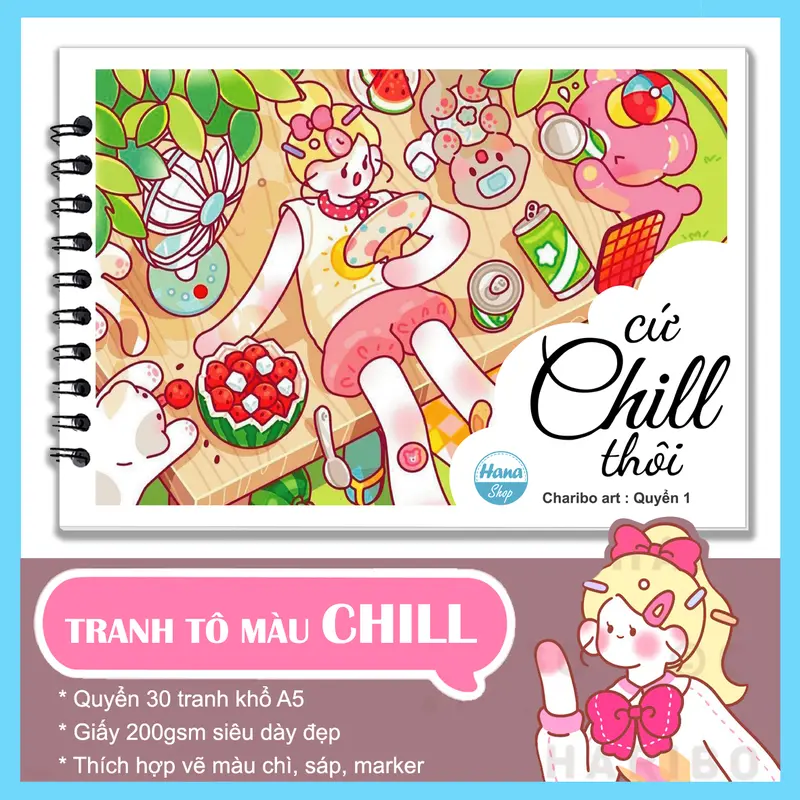 Tranh tô màu Charibo "Cứ chill thôi" quyển 30 tranh, giấy 200gsm khổ A5 dày đẹp 0