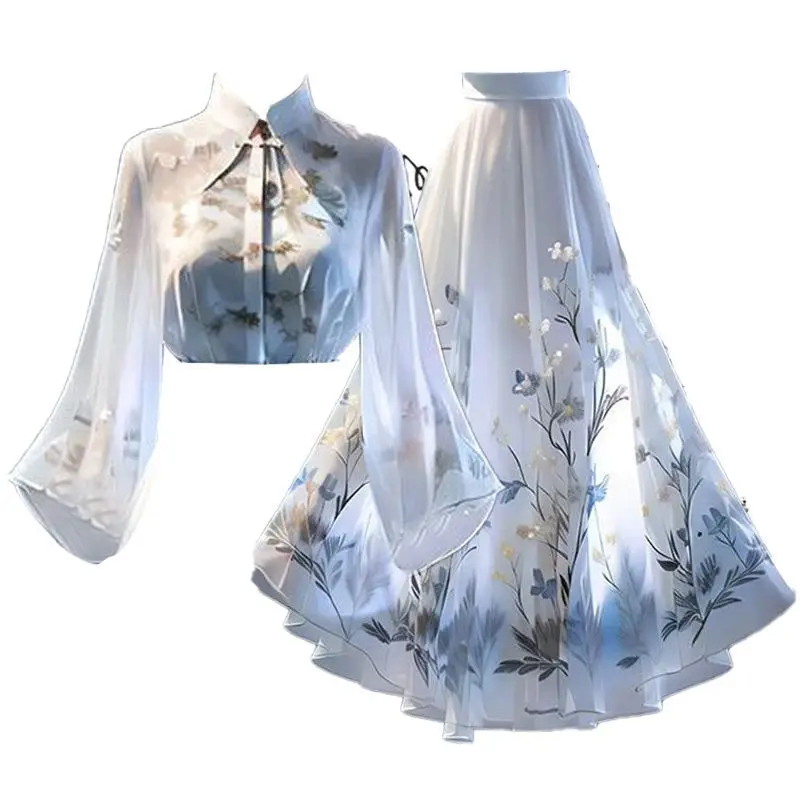 Áo Hanfu Phong Cách Trung Quốc Mới Cho Nữ 2024 Áo Sơ Mi Hanfu Cải Tiến Mới Bộ Đồ Hai Mảnh Chân Váy Yếu Tố Han Women Dress Top Bra