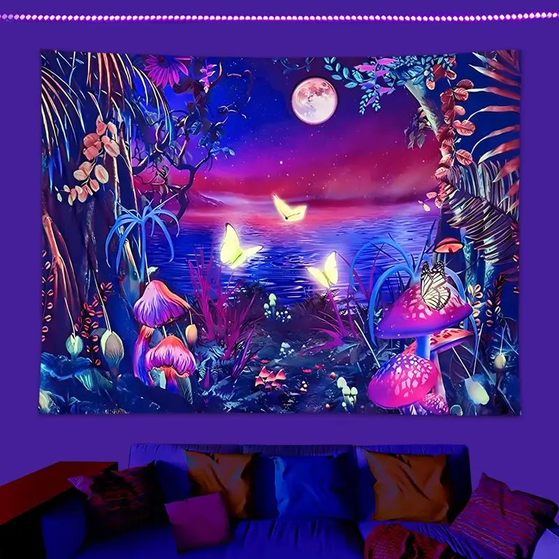 Letter Landscape Pattern Fluorescent Tapestry with Installing Accessories, 1 Count Wall Hanging Black Light Tapestry for Home Living Room Bedroom Decoration, Interior Design 6
