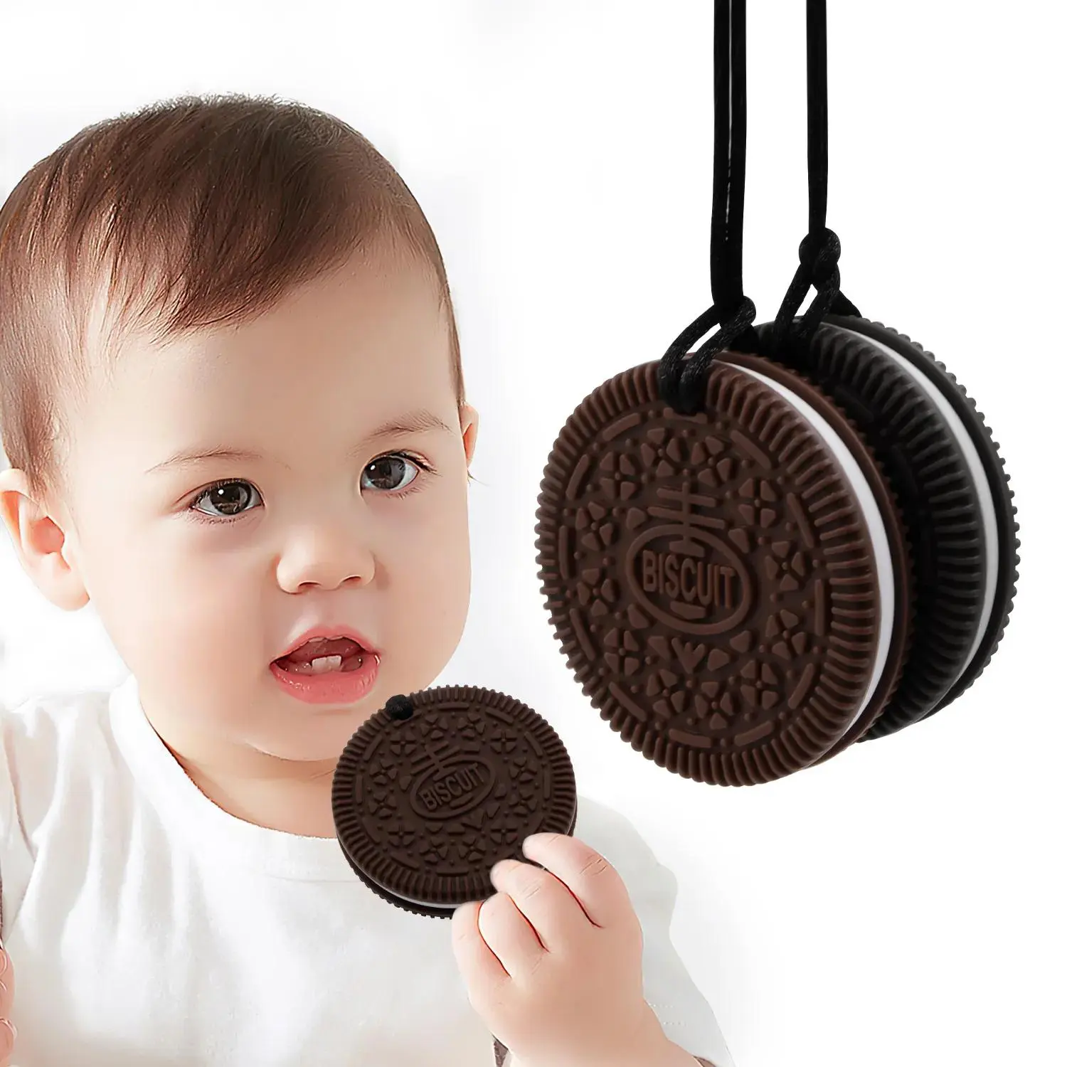 Cookie Shaped Teether, 1 Count Teething Necklace with String, Soft Funny Teether, Baby Sensory Oral Motor Helper