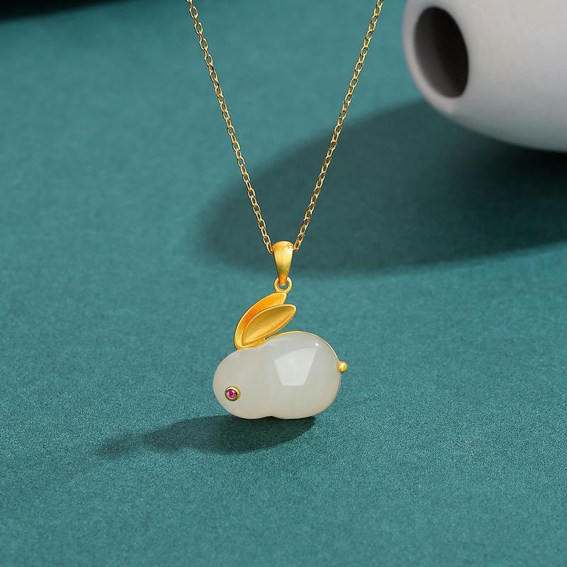 Hetian Jade Hare Pendant S925 Silver Plated Cute Jade Hare Ear Stud Necklace Bracelet Ring Fairy Jewelry Suit 6