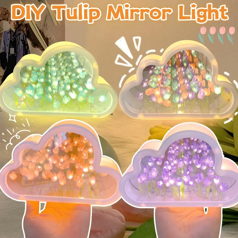 Tulip Night Light - LED Cloud and Flower sea Atmosphere Light, Mirror, Bedroom Table lamp, Room Decoration Light, Birthday Souvenir Gift for Girls
