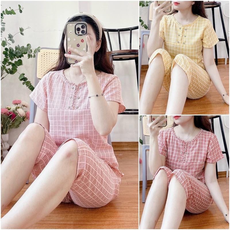 (Châu Jolie)Bộ mặc nhà cổ nhún bèo 6 khuy áo cộc quần lửng