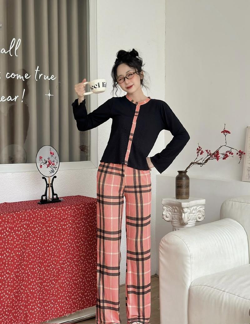 Product Introduction of Set đồ thun gân mặc nhà, áo tay dài quần ống suông co giãn, size 48-68kg, màu sắc đa dạng - Women, Nữ 6