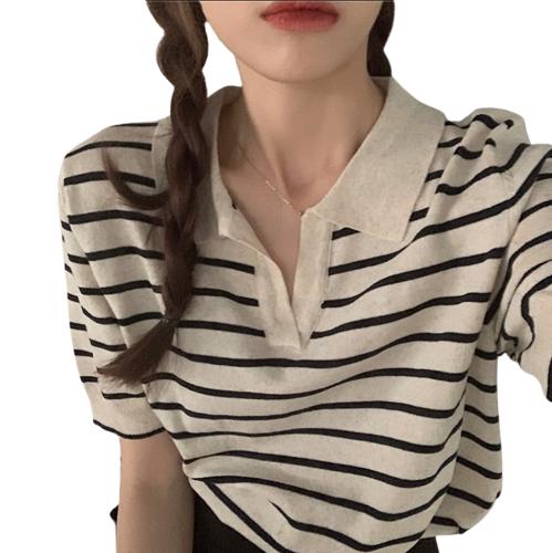 Product Introduction of BLOUSE WANITA KOREA STRIPE Hitam Navy Baju rajut salur wanita Atasan knitwear basic 18