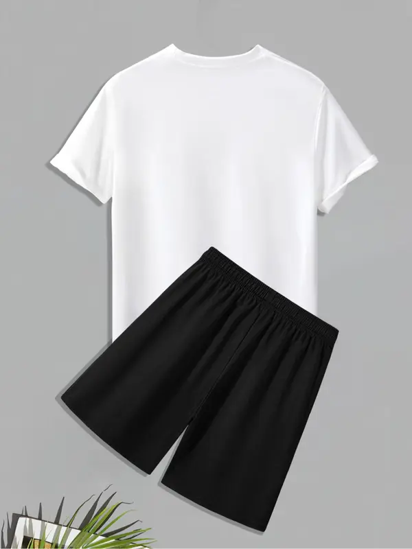 Men's Slogan Print Crew Neck Tee & Drawstring Waits Shorts Two-Piece Set, Regular Fit Casual Comfy Round Neck Short Sleeve T-shirt & Pocket Shorts, All-Match Clothes Set for Daily Wear 3