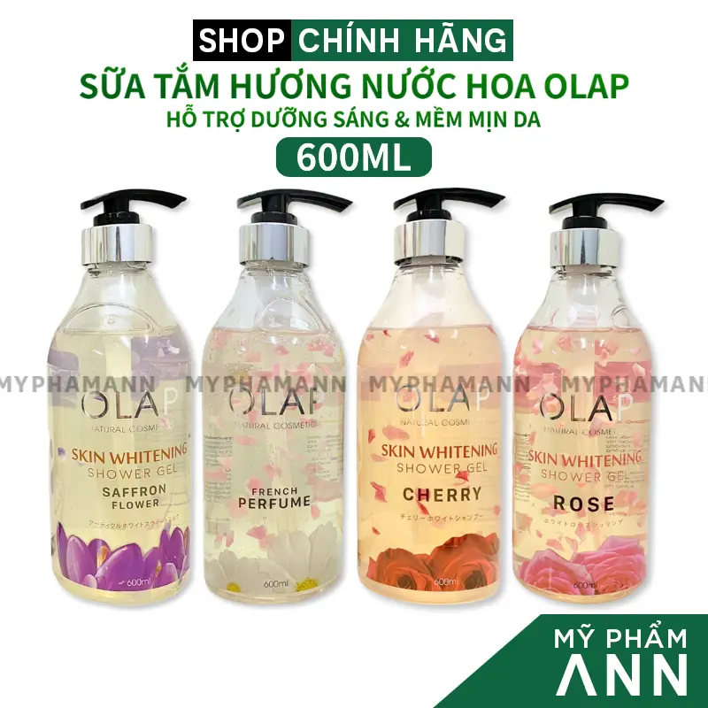 Sữa Tắm Hỗ Trợ Dưỡng Sáng Da Olap 600ml - Hương Hoa Hồng - Hương Hoa Anh Đào - Hương Nước Hoa Pháp - Hương Saffron Cao Cấp