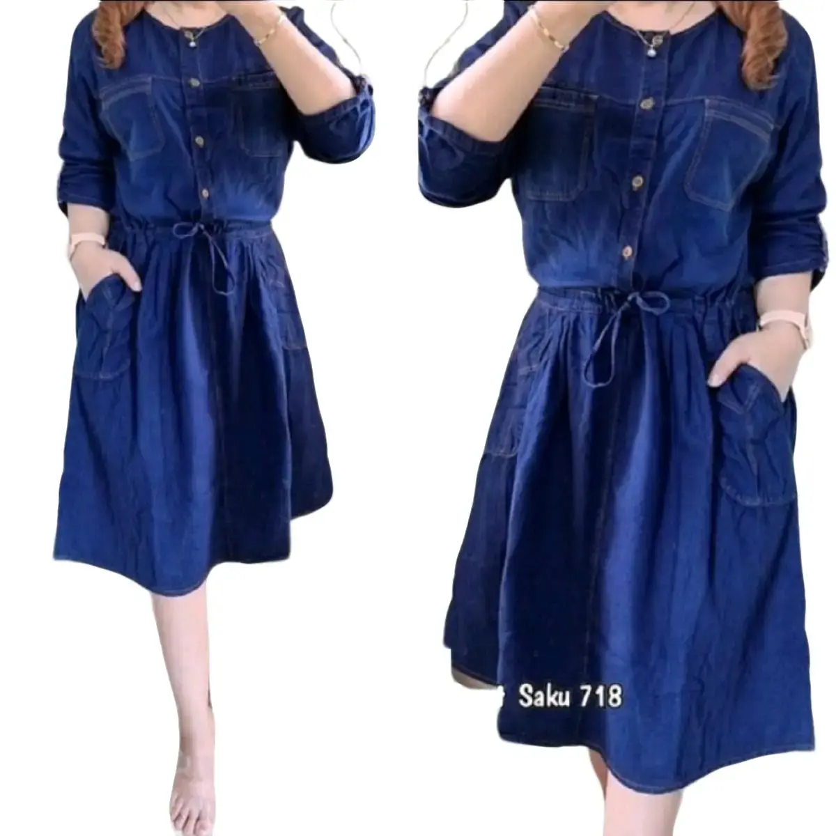 Dress Jeans Pinggang Karet Lengan 3/4 Serut Baju Wanita Dewasa Fit Santai Casual Denim Variasi Kantong Panjang Maxi Santai Pendek Simple Terusan Gaun Remaja Midi